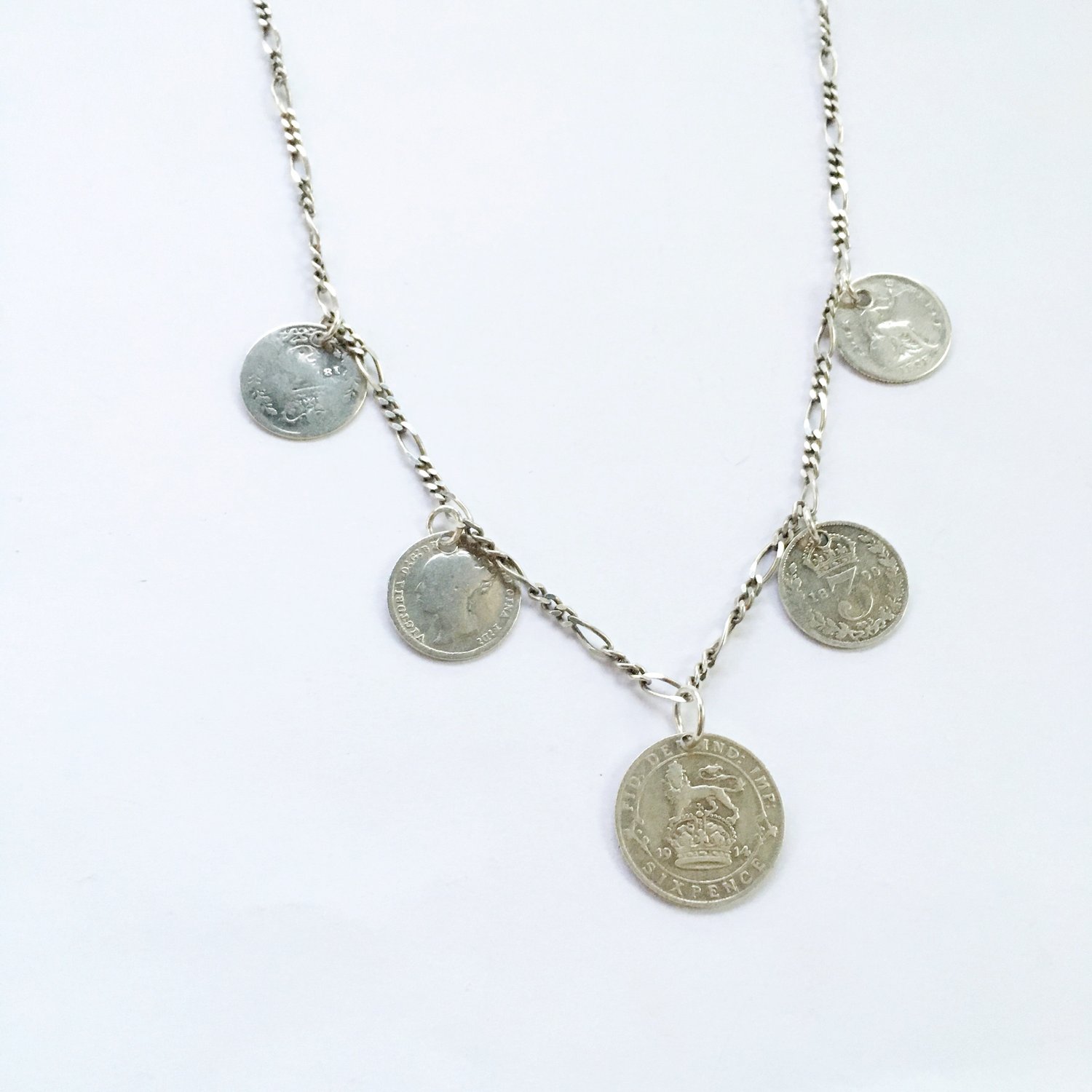 Mixed Coin Necklace Vintage Sterling Silver 180 year old coin