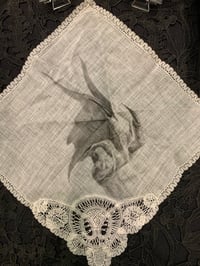 Image 1 of Casting devil drawing on antique cotton and lace handkerchief