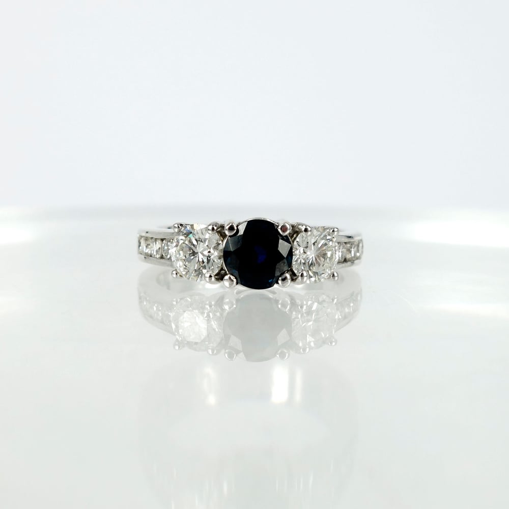 Image of Three stone diamond and Sapphire trilogy style ring 