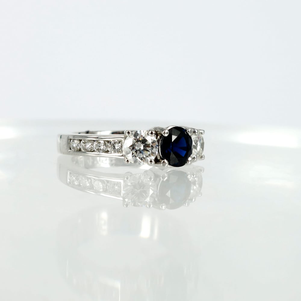 Image of Three stone diamond and Sapphire trilogy style ring 