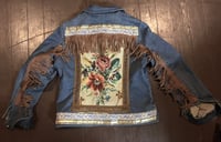 Image 1 of Repurposed Needlepoint boho jean jacket