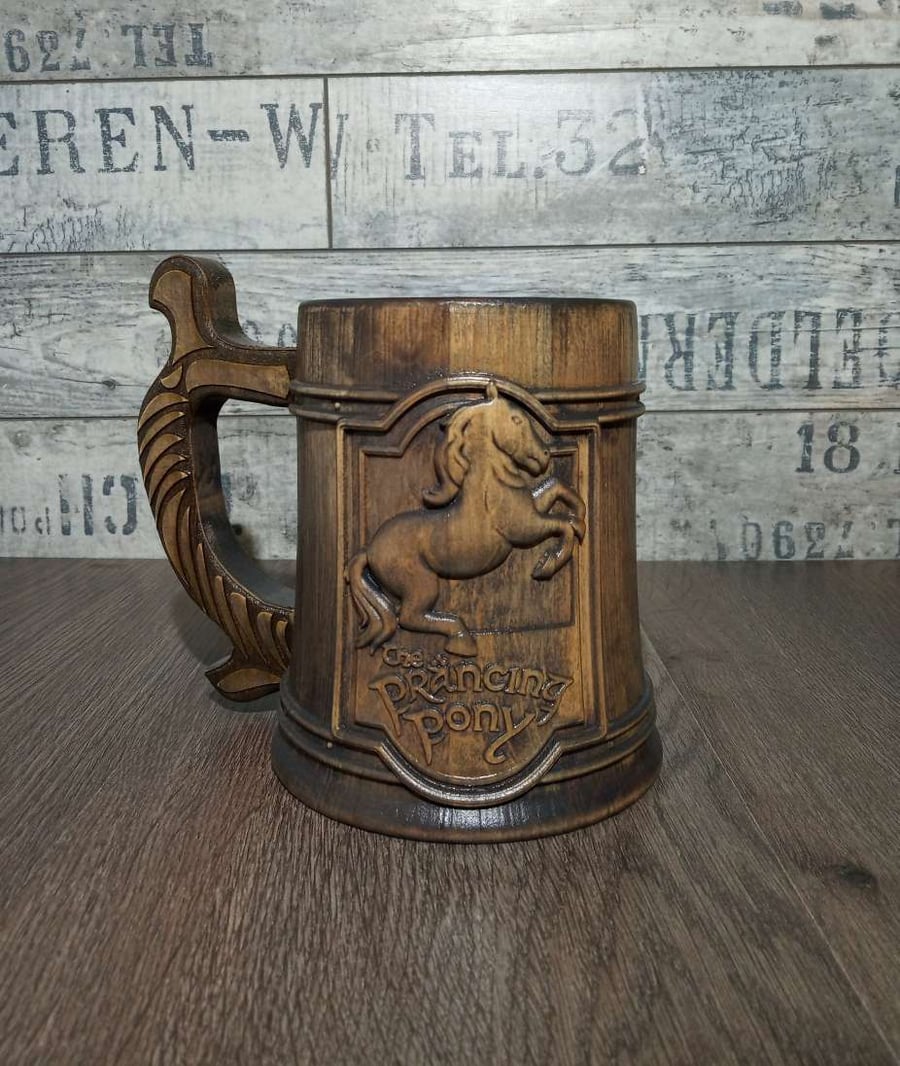Image of Prancing Pony wooden beer mug, Lord of the things, Groomsman gift, Personalized beer mug, 22oz