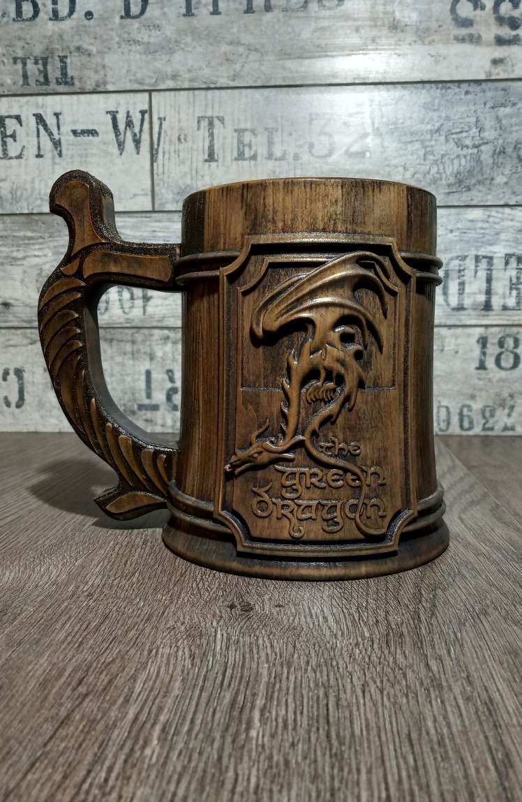 Image of Green Dragon wooden beer mug, Lord of the things, Groomsman gift, Personalized beer mug, 22oz