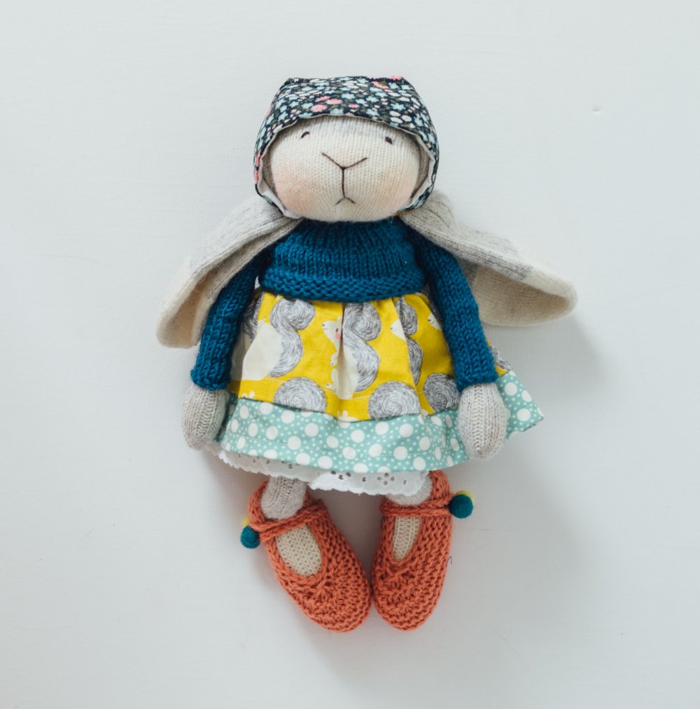 Image of Ginny - Wool Filled Sock Bunny with weighted bottom and removable clothing