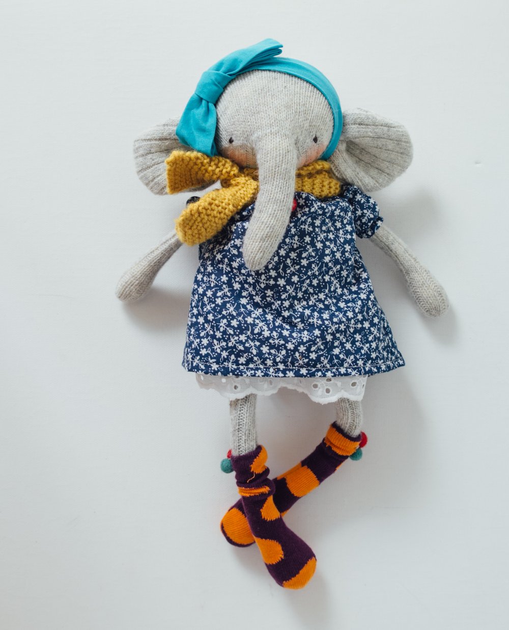 Image of Betsy - Wool Filled Sculpted Sock Elephant with weighted bottom and removable clothing