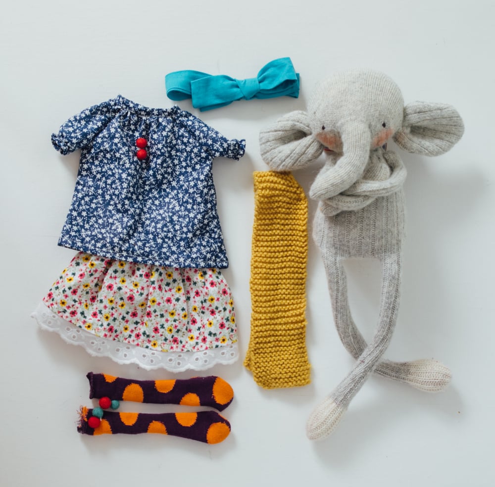 Image of Betsy - Wool Filled Sculpted Sock Elephant with weighted bottom and removable clothing