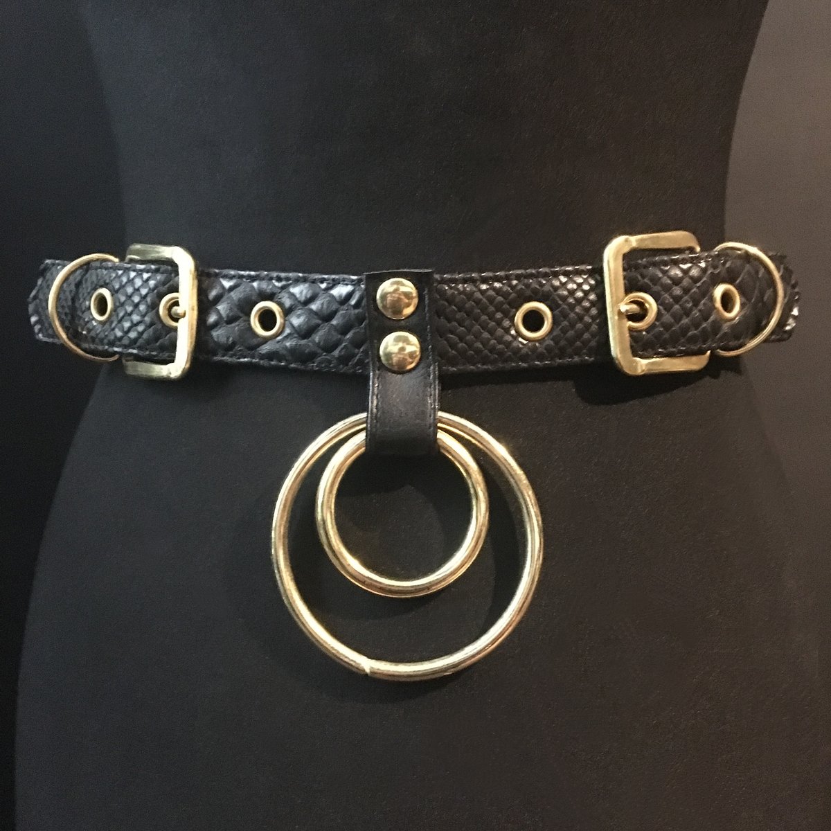 Double ring waist belt vegan snakeskin and gold