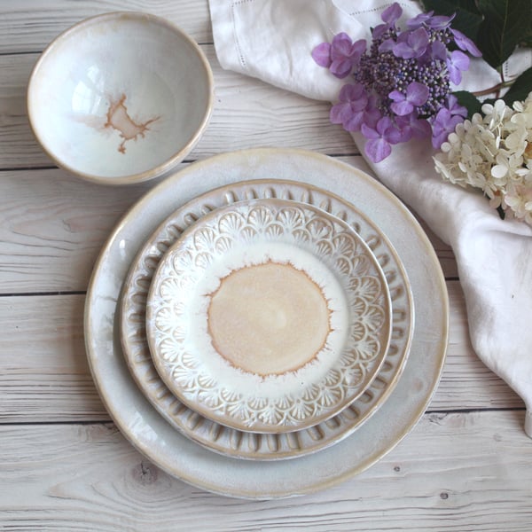 Image of Handmade Dinnerware Set - Rustic Pottery White Ceramic Plates, Made in USA