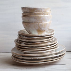Image of Handmade Dinnerware Set - Rustic Pottery White Ceramic Plates, Made in USA