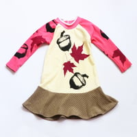 Image 2 of pink sky autumn 4T yellow fall falltime acorn maple leaf leaves handprinted courtneycourtney dress