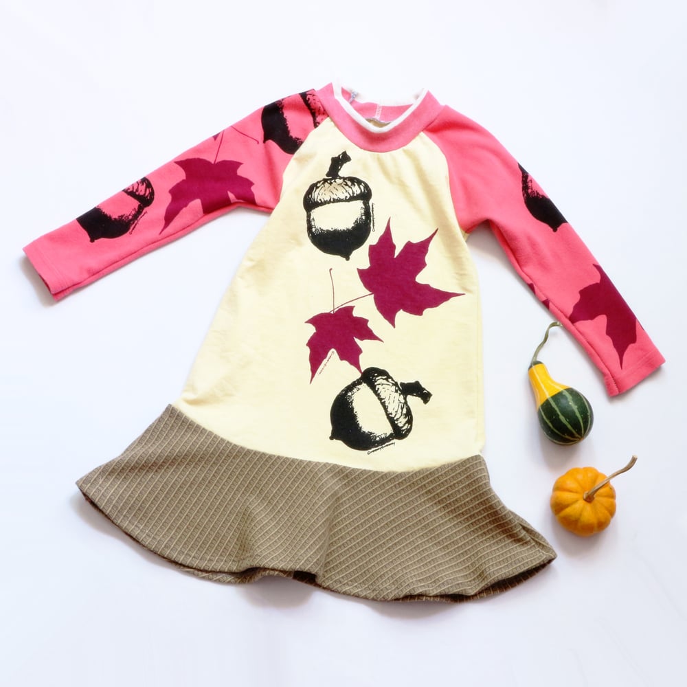 Image of pink sky autumn 4T yellow fall falltime acorn maple leaf leaves handprinted courtneycourtney dress