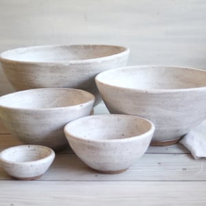 Image of Rustic Modern Set of Nesting Bowls in White Matte Glaze Speckled Pottery Made in USA