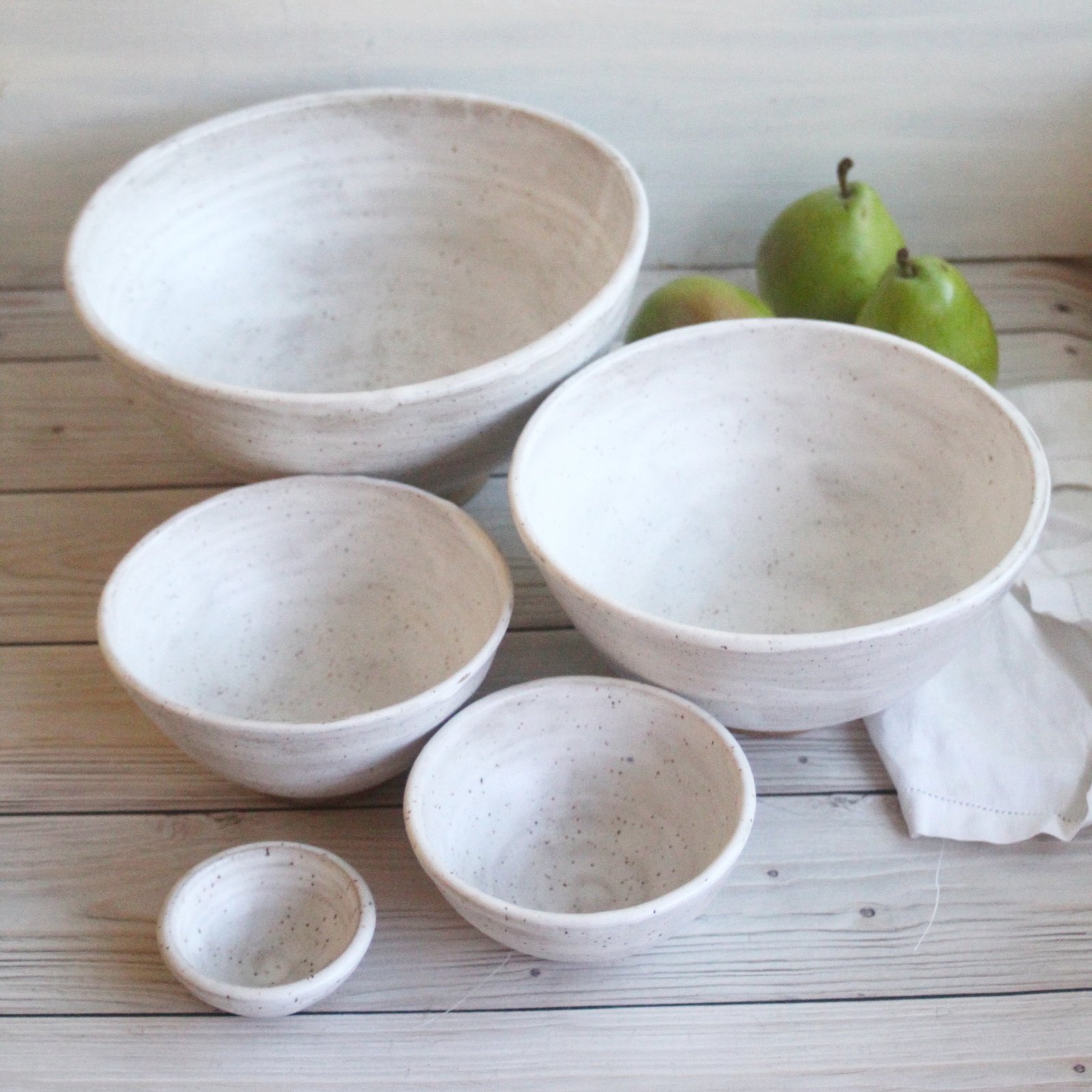 Stoneware Pottery Nesting Bowls in Glossy White top Glaze, Ceramic, Rustic Speckled