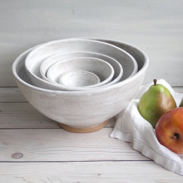 Image of Rustic Modern Set of Nesting Bowls in White Matte Glaze Speckled Pottery Made in USA