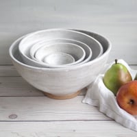 Image 1 of Rustic Modern Set of Nesting Bowls in White Matte Glaze Speckled Pottery Made in USA