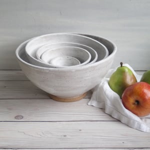 Image of Rustic Modern Set of Nesting Bowls in White Matte Glaze Speckled Pottery Made in USA
