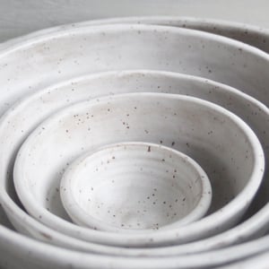 Image of Rustic Modern Set of Nesting Bowls in White Matte Glaze Speckled Pottery Made in USA