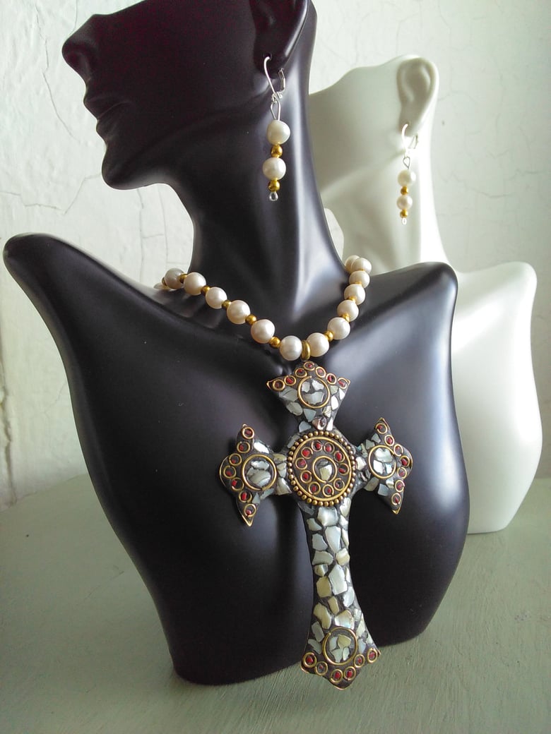 Image of MOTHER OF PEARL CROSS NECKLACE