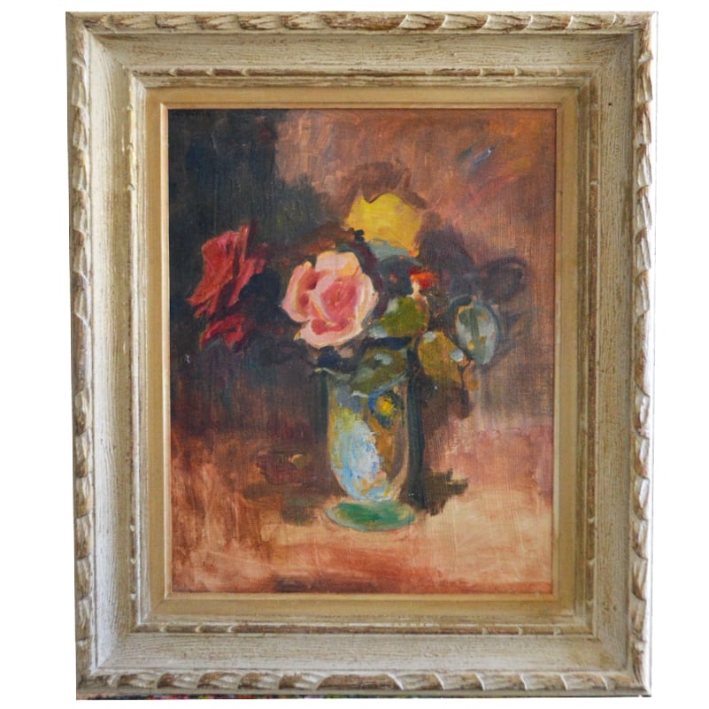 Image of 1940's, Swiss Painting, 'Rose Bouquet,' Karl Weber