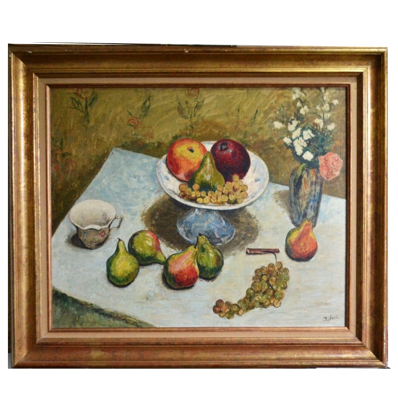Image of Mid-century, Large French Painting, 'Pears and Grapes.'