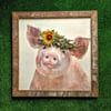 Large Pig with Sunflower and Succulent Flower Crown in Wood Frame