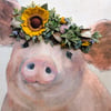 Large Pig with Sunflower and Succulent Flower Crown in Wood Frame
