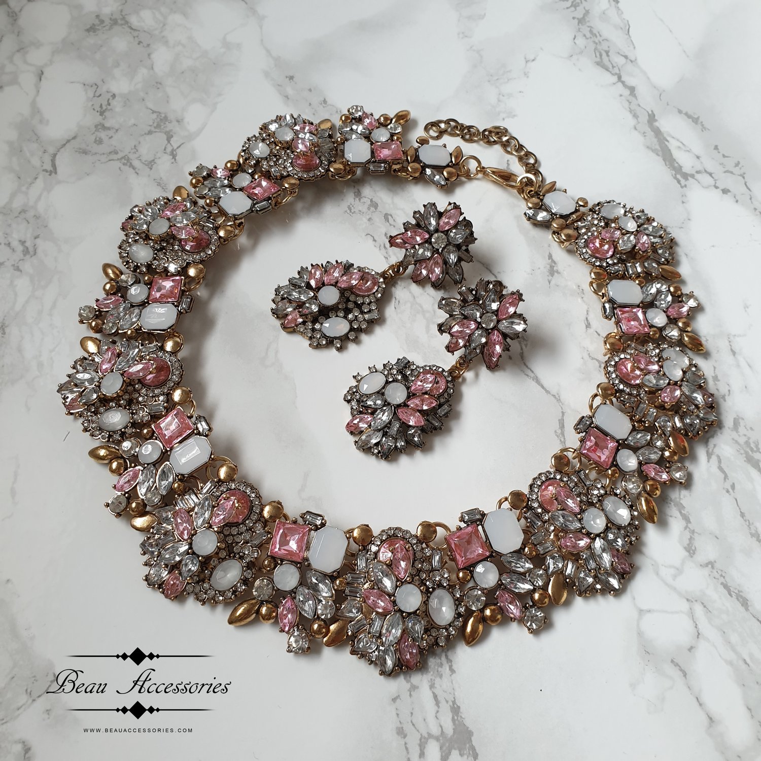 Image of Baby Pink Rhinestone Earrings & Necklace Set