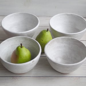 Image of Set of Four White Speckled Matte Glazed Stoneware Bowls, Handcrafted Made in USA