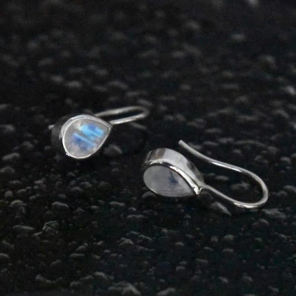 Image of Rainbow Moonstone pear cut silver wire hook earrings