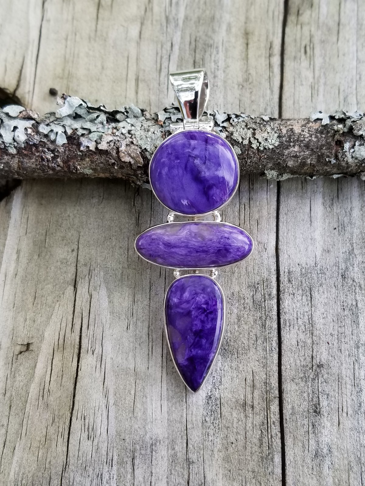 Image of Charoite 3 Stone Pendant in Sterling Silver