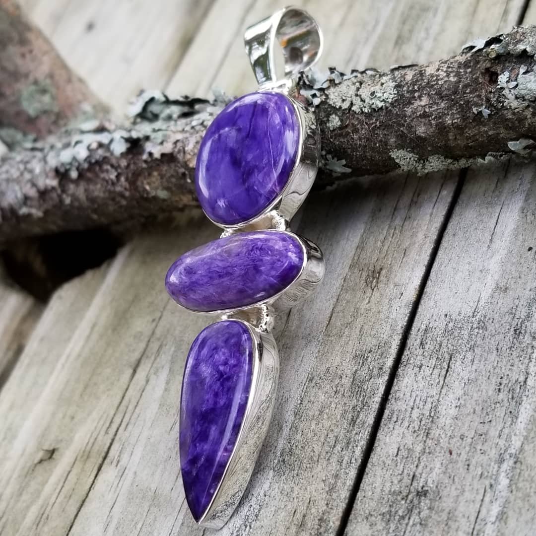Image of Charoite 3 Stone Pendant in Sterling Silver