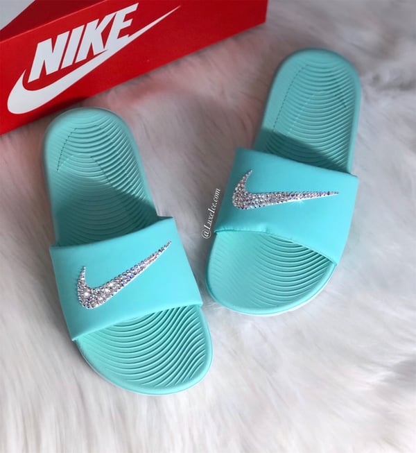 Image of Swarovski Nike KAWA Slides Blue customized with Swarovski Crystals AB.