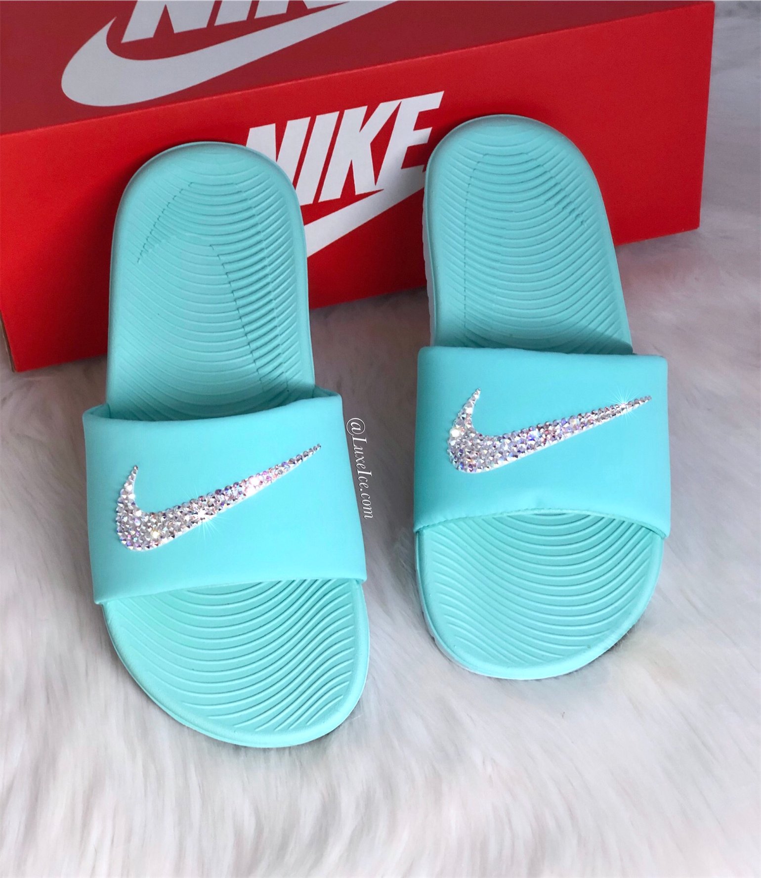 Swarovski Nike KAWA Slides Blue customized with Swarovski Crystals AB. | Luxe Ice