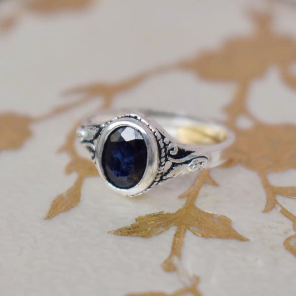 Image of Dark Blue Sapphire oval cut vintage style silver ring