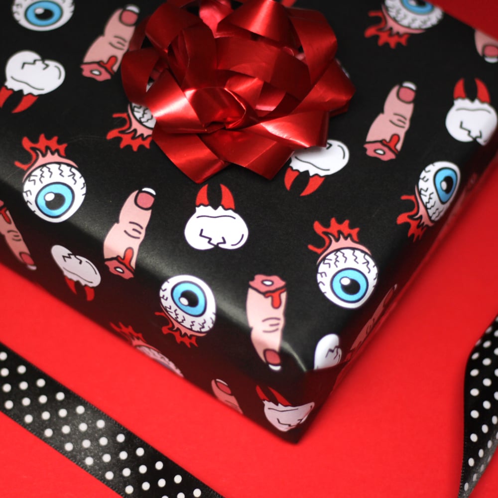 Image of Luxury horror gift wrap - extracted tooth, severed finger & detached eyeballs - a2 gift wrap