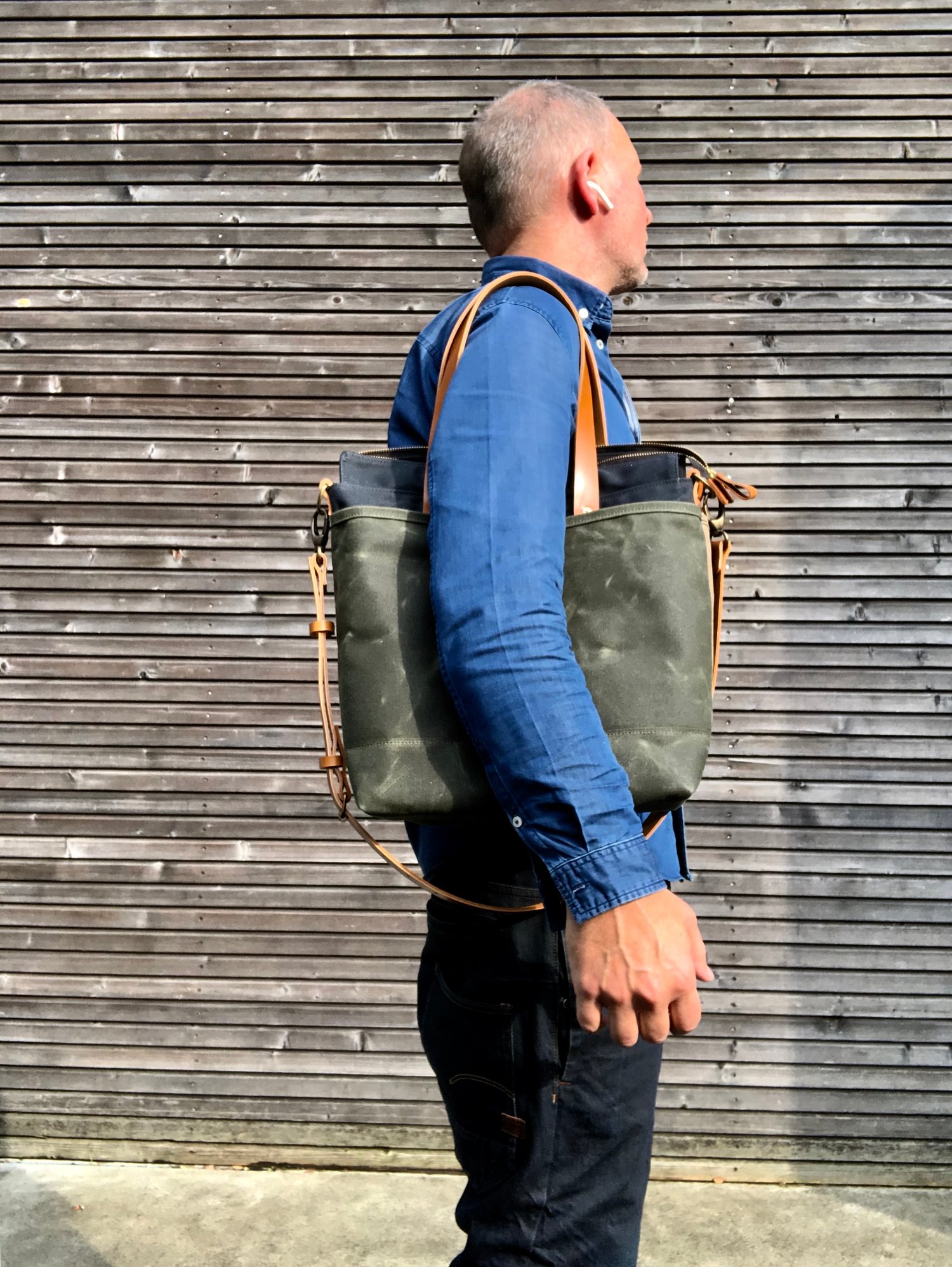 Image of Waxed canvas tote bag / office bag with leather handles and shoulder strap