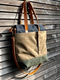 Image 2 of Waxed canvas tote bag / office bag with leather handles and shoulder strap