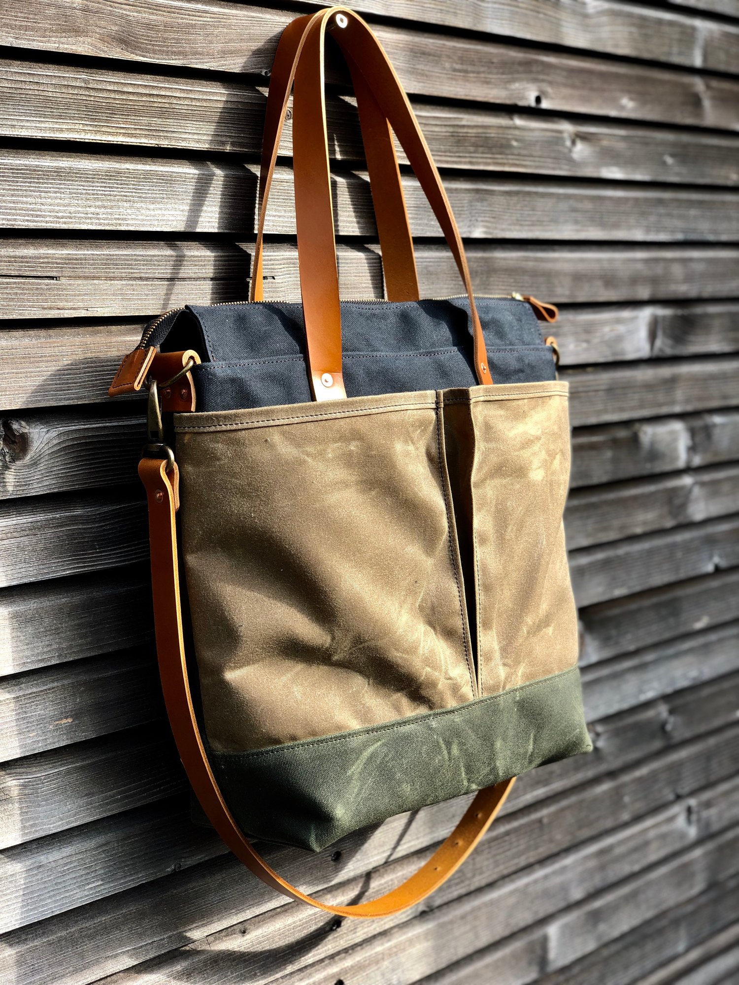 Waxed canvas tote bag / office bag with leather handles and shoulder ...