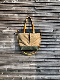 Image 3 of Waxed canvas tote bag / office bag with leather handles and shoulder strap