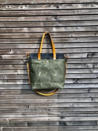 Image 1 of Waxed canvas tote bag / office bag with leather handles and shoulder strap