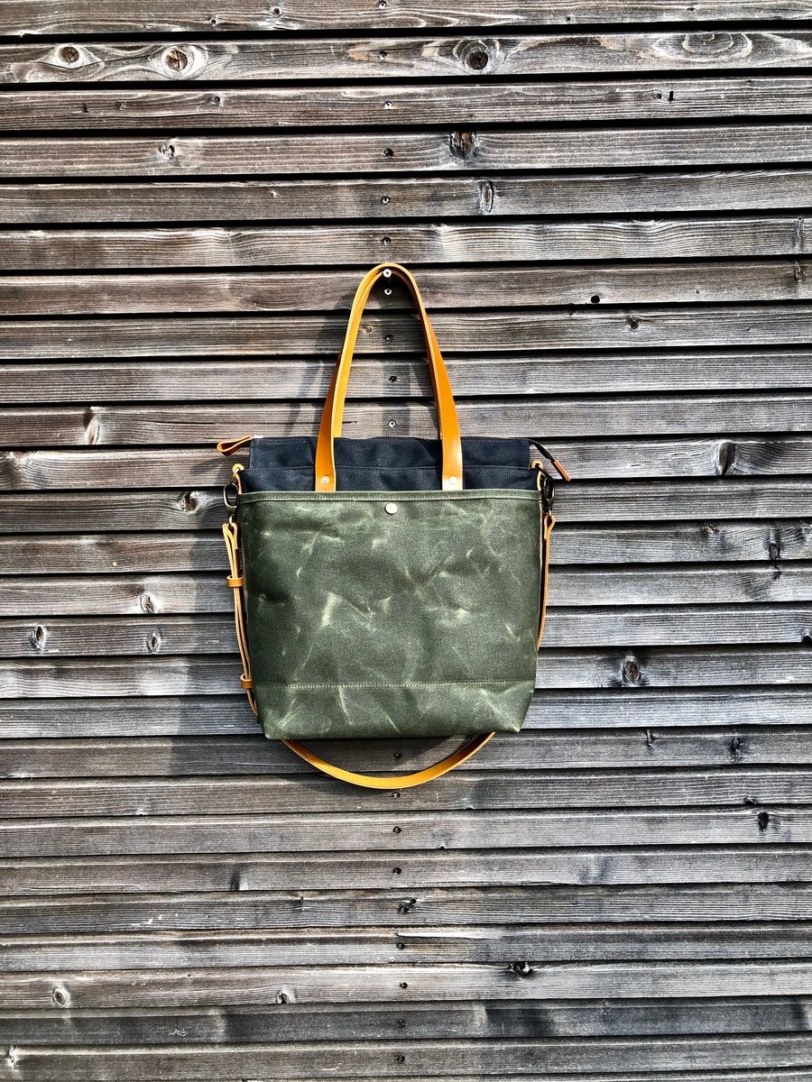 Waxed canvas tote bag / office bag with leather handles and shoulder