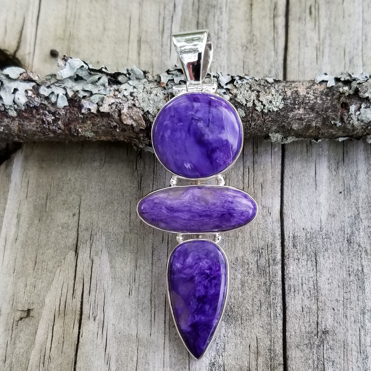 Image of Charoite 3 Stone Pendant in Sterling Silver