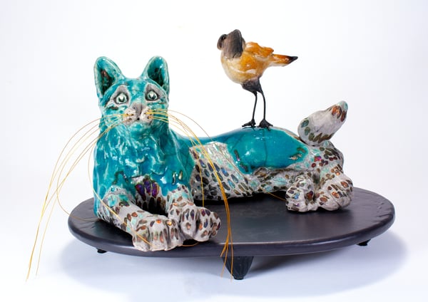 Image of RAKU CERAMIC CAT SCULPTURE - STARGAZING