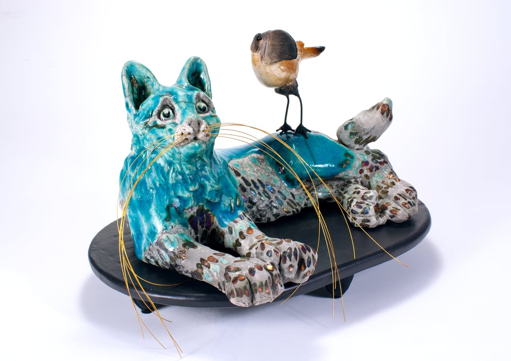 Image of RAKU CERAMIC CAT SCULPTURE - STARGAZING