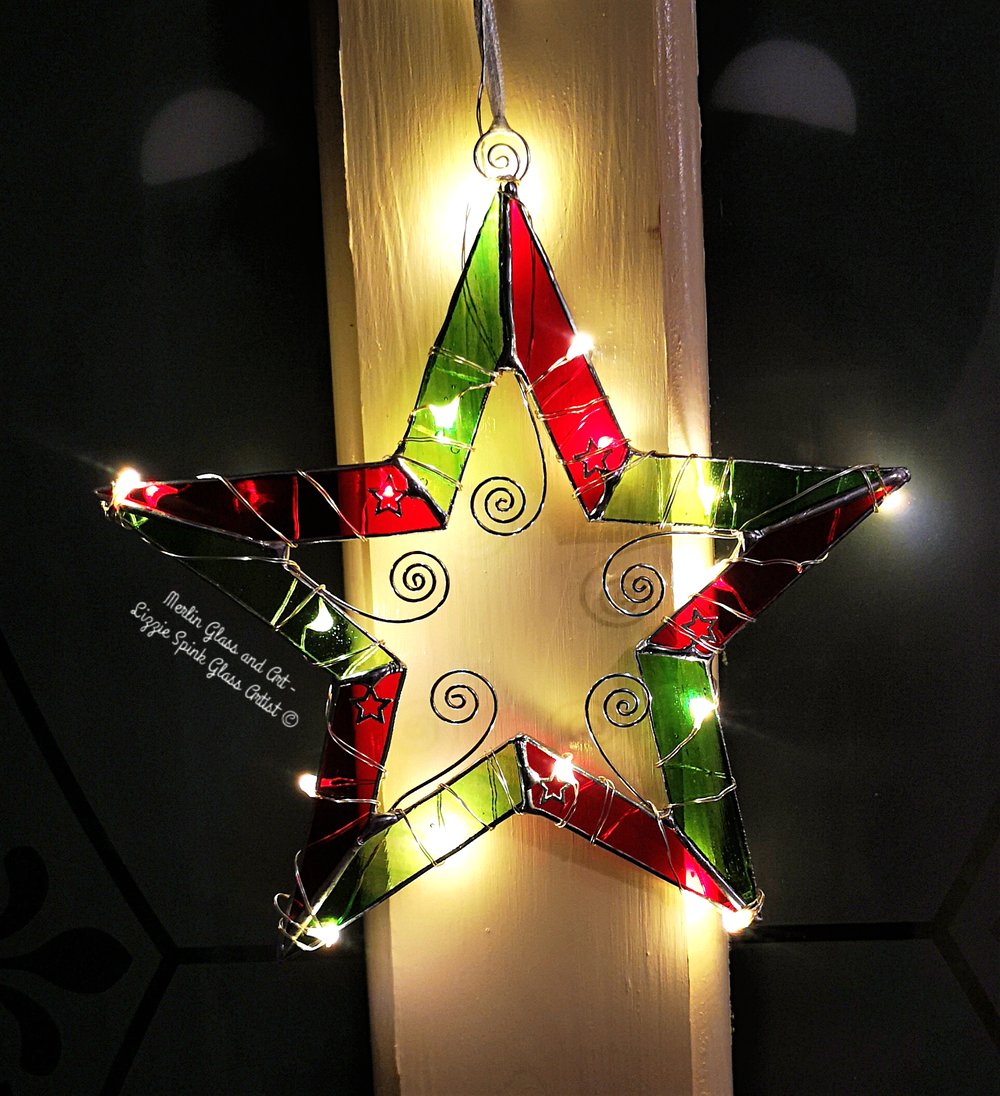 Image of Fairy Light Christmas Star in Red and Iridescent Green