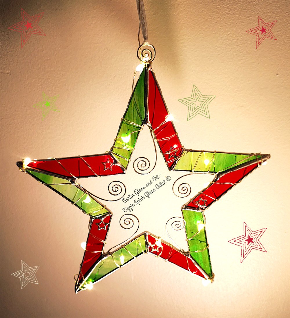 Image of Fairy Light Christmas Star in Red and Iridescent Green
