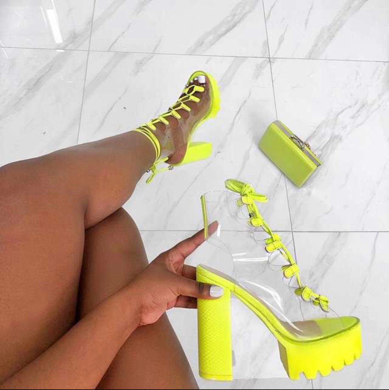 clear and lime green heels