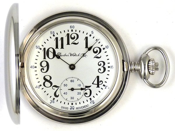 Image of Dueber Pocket Watch with Swiss Made Mechanical Movement, Chrome Plated Steel Case, Model 25