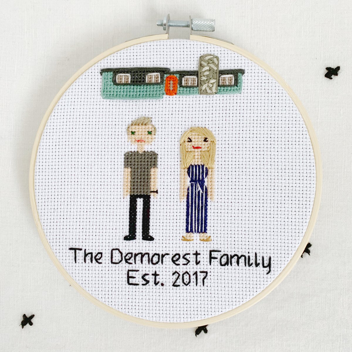 Image of Family Cross Stitch Portrait with Home Addition