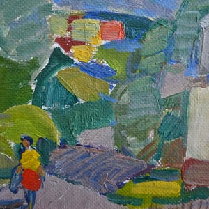 Image of Mid-Century Painting, 'Norweigan Village,' Harry Lindberg